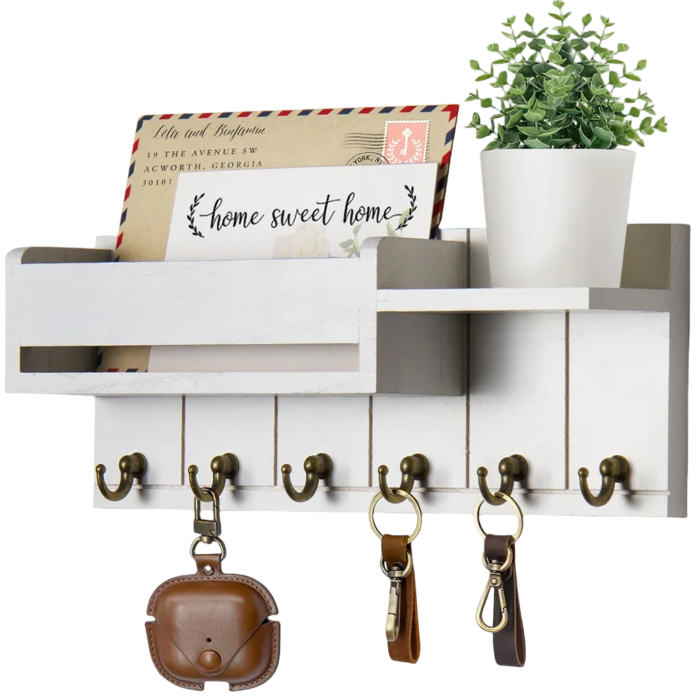 Home Entryway Decor: Rustic Wooden Wall Shelf with 6 Mail & Key Hooks Practical Storage Solution