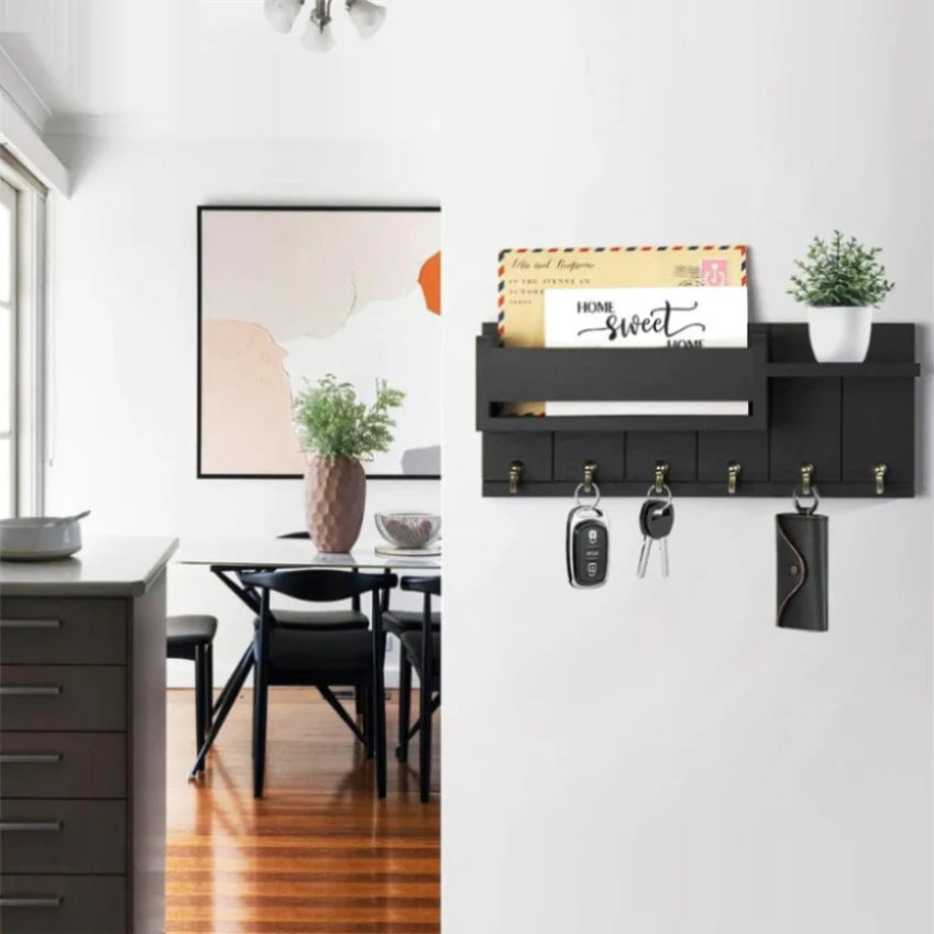 Home Entryway Decor: Rustic Wooden Wall Shelf with 6 Mail & Key Hooks Practical Storage Solution