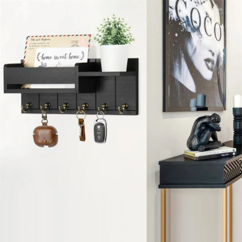 Home Entryway Decor: Rustic Wooden Wall Shelf with 6 Mail & Key Hooks Practical Storage Solution