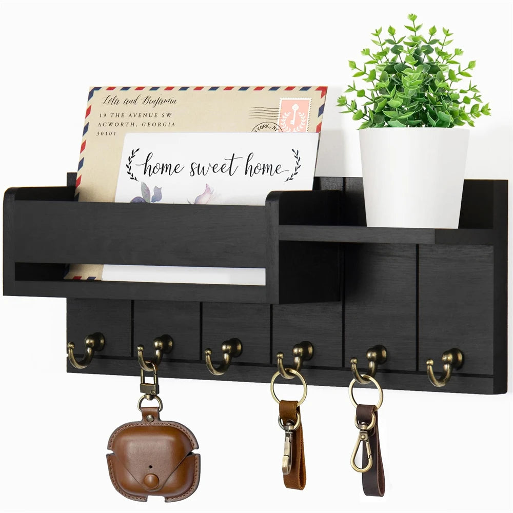Home Entryway Decor: Rustic Wooden Wall Shelf with 6 Mail & Key Hooks Practical Storage Solution