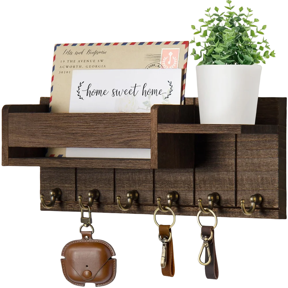 Home Entryway Decor: Rustic Wooden Wall Shelf with 6 Mail & Key Hooks Practical Storage Solution