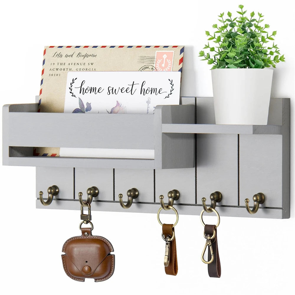 Home Entryway Decor: Rustic Wooden Wall Shelf with 6 Mail & Key Hooks Practical Storage Solution