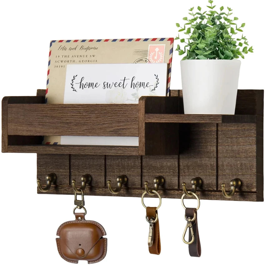 Home Entryway Decor: Rustic Wooden Wall Shelf with 6 Mail & Key Hooks Practical Storage Solution