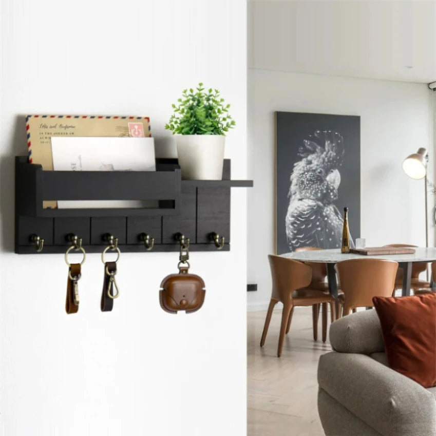 Home Entryway Decor: Rustic Wooden Wall Shelf with 6 Mail & Key Hooks Practical Storage Solution